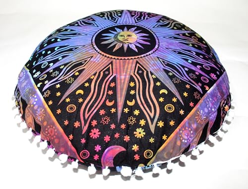 Multi Purple Burning Sun Round Mandala Floor Pillow Cover Seating Cushion Throw Cover Hippie Decorative Bohemian Ottoman Pouf Cover, Pom Pom Pillow Cases,Boho Indian 32 Inches - color: Multi Purple, size: 32" Round