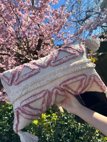 Boho Tufted Geometric Lumbar Throw Pillow Cover with Corner Tassels, Blush Pink Beige Fringe Decorative Rectangular Cushion Case for Sofa Couch Bed Living Room, Pillow Insert Not Included