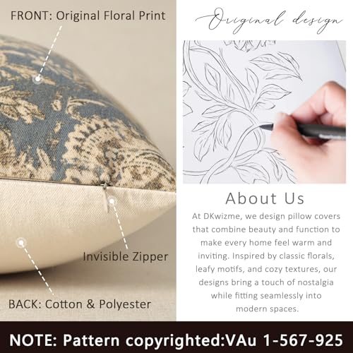 Vintage Floral Print Throw Pillow Covers 24x24 Set of 2 Neutral Modern Farmhouse Pillowcases Accent Decorative Cushion Covers Boho Home Decor for Couch Sofa Chair Bed Living Room, Dusty Blue - color: Dusty Blue, size: 24" x 24" (Pack of 2)
