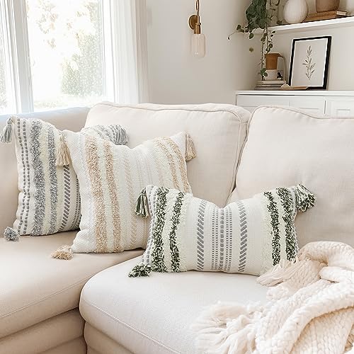 decorUhome Summer Decorative Boho Throw Pillow Cover 12x20, Lumbar Accent Neutral Textured Tufted Pillow Cover Striped for Couch Bed Sofa, Green and Cream White, Pack of 1 - color: Green and Cream White, size: 20" x 12" (Pack of 1)