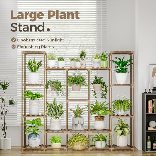 Bamworld Large Plant Stand Indoor Outdoor Hanging Shelf for Multiple PlantsTall Large Holder for Living Room Patio Balcony Garden - color: Brown-16 Pots, style: Cabinet