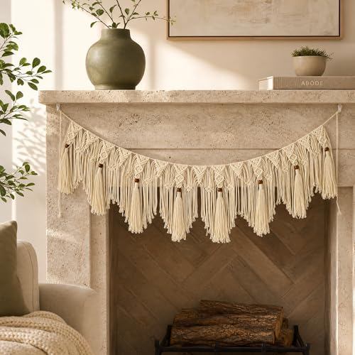 HOBO Garland, Boho Hanging Tassel, Handmade Macrame Banner for Fireplace/Birthday Party/Wedding/Window/Doorway/wall/Room/Decoration, Handcraft wall Art taperstry 44″ X 12″ (Beige) - color: Beige