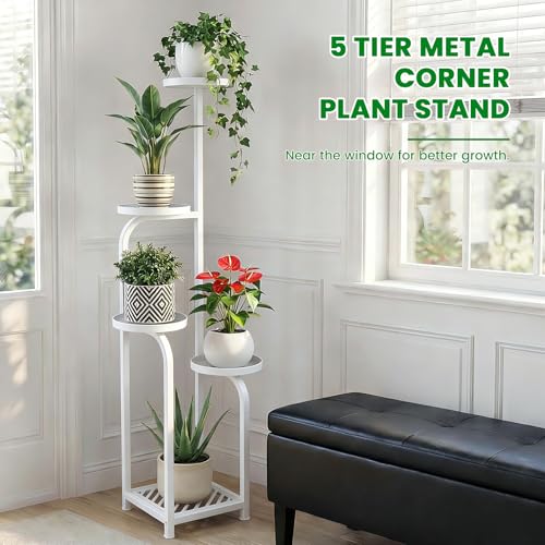TOSKING 5 Tier Tall Plant Stand Indoor Outdoor,Anti-Tip Plant Stand indoor, Wide Base for Pots, Child and Pet Friendly,Heavy Duty Corner Shelf for Plants & Decor, Space Saving ,Tiered Metal Flower Pot Stand for Balcony, Garden, Living Room, Patio (White,