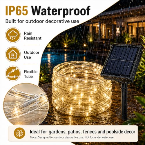 LairtPOW Solar Rope Lights Outdoor Waterproof, 39FT 100 LED Solar Powered Rope Light with 8 Modes, Flexible IP65 Outdoor String Lights for Garden Patio Yard Tree Pool Wedding Decor, Warm White - color: Warm White, size: 100 LED