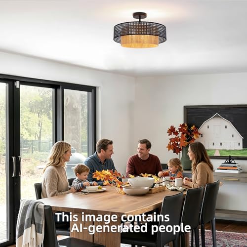 17.7" Black Bohemian Wicker Flush Mount Ceiling Light, Hand-Woven Double Layer Drum Semi-Flush Fixture for Bedroom, Living Room, Dining Room, Hallway & Kitchen - color: 17.7'' Rattan&Hemp rope Black