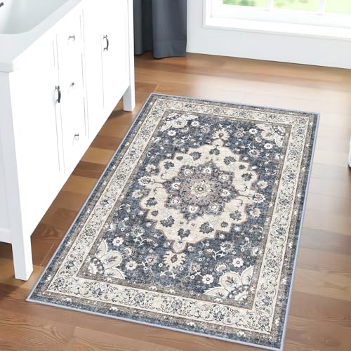 Washable 2x3 Entryway Area Rug: Vintage Non-Slip Backing Rugs for Kitchen Bathroom Water Resistant Carpet for Bedroom Soft Low Pile Front Door Mat for Dining Room 2x3 Blue - color: Blue, size: 2' x 3' (Rectangular)