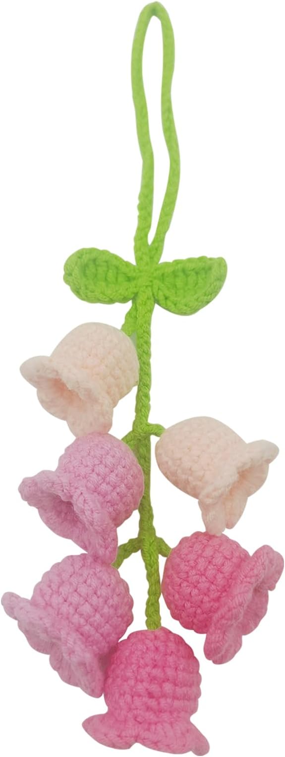 Car Rearview Mirror Hanging Ornament, Crochet Flower Basket Plant Accessories, Handmade Knitted Car Ornament Boho Accessories for Women (Lily of The Valley(Pink))