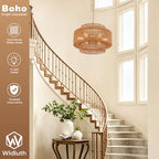 23.6" Gold Rattan Chandelier, 6-Light Hand-Woven Wicker Drum Chandelier, 3-Tier Boho Farmhouse Light Fixture for Dining Room,Kitchen Island,Living Room,Bedroom - color: gold 23.6"