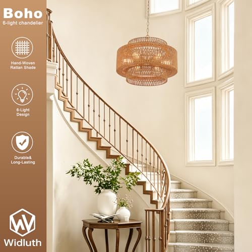23.6" Gold Rattan Chandelier, 6-Light Hand-Woven Wicker Drum Chandelier, 3-Tier Boho Farmhouse Light Fixture for Dining Room,Kitchen Island,Living Room,Bedroom - color: gold 23.6"