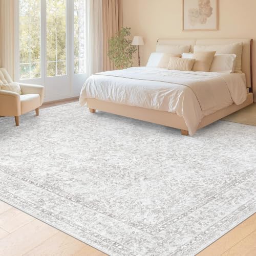 9x12 Area Rugs for Living Room: Washable Large Vintage Floral Rug Low Pile Non-Slip Boho Carpet for Bedroom Home Office Dining Room (Floral Grey, 9'x12') - color: Floral Grey, size: 9' x 12' (Rectangular)