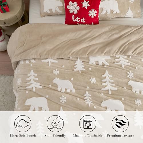 Amélie Home Christmas Comforter Set Queen, Fluffy Christmas Bedding Set with Polar Bear, Beige Fleece Plush Comforter, 3 Pieces, 1 Soft Comforter and 2 Pillowcases - color: Christmas Polar Bear Beige, size: Queen (90"x90")