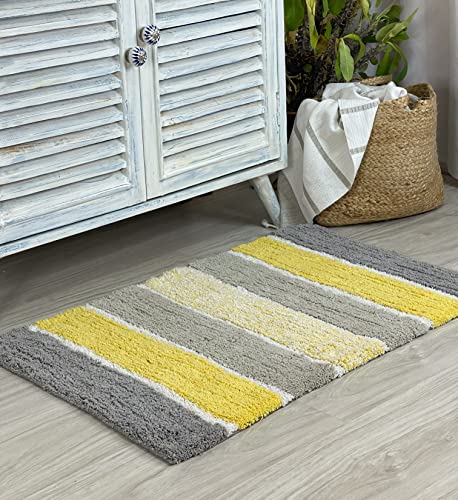 Chardin home Cordural Stripes Bath Mat, Set of 2 Bath Rugs (17 Inches x24 Inches & 21 Inches x34 Inches) | Non Slip Bathroom Rug, Machine Washable, Plush, Highly Absorbent | Yellow- Grey & White - color: Yellow-grey