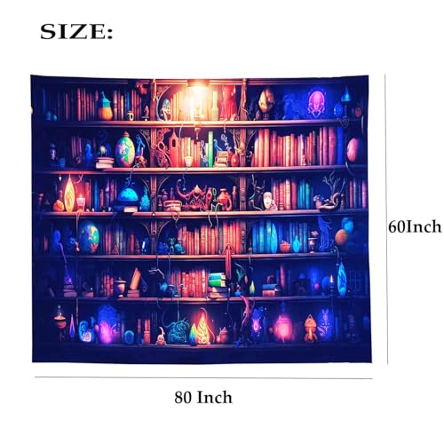 Algasan Blacklight Bookshelf Tapestry Fantasy Magic Book Wall Tapestry UV Reactive Witchy Gothic Tapestries Wall Hanging Aesthetic Poster for Bedroom Living Room Dorm 60 x 80 Inch