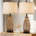 Boho Table Lamp Set of 2, 27" Handwoven Rattan Lamps with Fabric Shade, Bohemian Farmhouse Bedside Lamp Modern Wicker Lamps with Rotary Switch for Bedroom Living Room Nightstands Dorm Farmhouse Decor