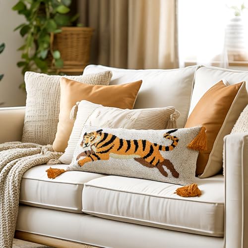 Beeveer Tiger Hooked Wool Pillow 8 x 22 Inch Tiger Fringe Lumbar Throw Decorative Animal Needlepoint Pillow with Zipper Embroidery Tufting Silver Thread for Home Couch Sofa Bedroom Living Room - color: Tiger, size: 8 x 22 Inch