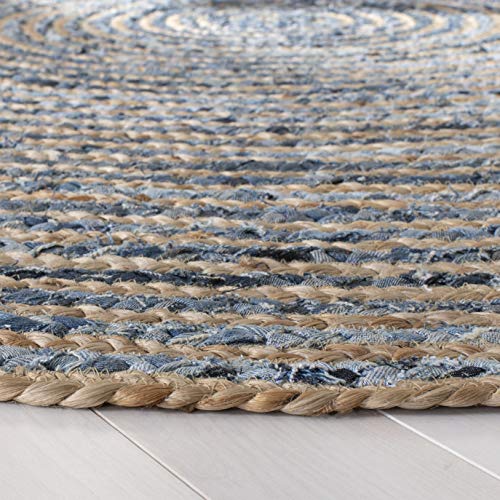 SAFAVIEH Cape Cod Collection Area Rug - 5' Round, Natural & Blue, Handmade Flat Weave Jute, Ideal for High Traffic Areas in Living Room, Bedroom (CAP250A) - size: 5' (Round)