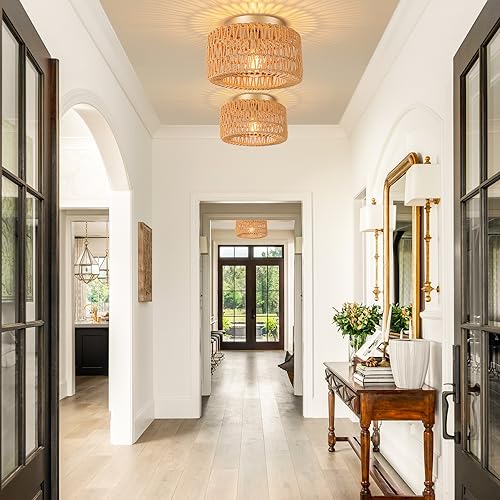 SineRise Rattan Ceiling Light Fixtures (12-Inch, LED Bulb Included), Hand-Woven Boho Flush Mount Ceiling Light, Rattan Chandelier for Hallway Kitchen Farmhouse Foyer Entryway Living Room(Gold) - color: Gold, size: Small