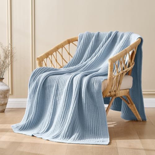 Chunky Knit Blue Throw Blanket for Couch Soft Cozy Thick Cable Knitted Throw Blankets for Sofa Bed Cute Decorative Throw Blanket for Living Room,50"x 60",Light Blue - color: Light Blue, size: 50"x 60"