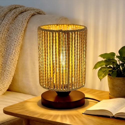 Boho Rattan Table Lamp,Handmade Woven Bamboo Wicker Nightstand Lamp,Dimmable LED Wooden Bedside Lamp, Vintage Farmhouse Small End Table Lamp,Soft Warm Light Aesthetic Decor for Bedroom Living Room - style: A