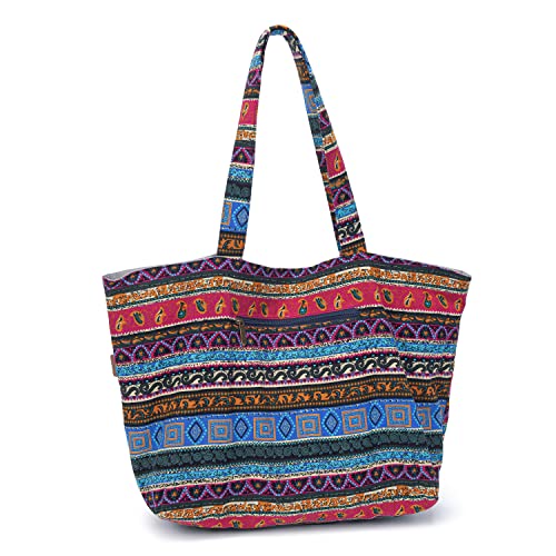 OPQRSTU Women Hippie Tote Hand Bag Large Capacity Bohemian Bag Portable Tourist Shoulder Bags - color: Rose Red