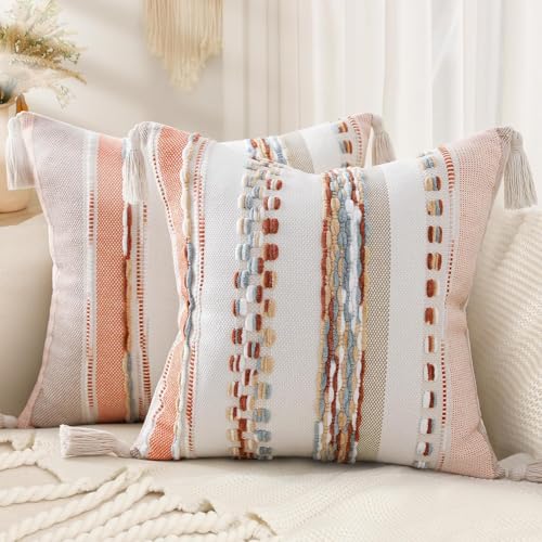 decorUhome Boho Decorative Throw Pillow Covers 18x18 Set of 2, Striped Chenille Tufted Pillow Covers with Tassels for Couch Bed Sofa, Cream White and Orange - color: Cream White and Orange