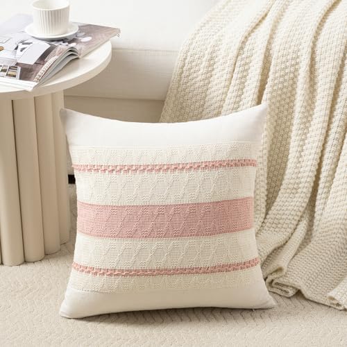 Fancy Homi Set of 2 Boho Pink Decorative Throw Pillow Cover 16x16 Inch for Couch Bed Sofa, Aesthetic Modern Organic Farmhouse Home Decor, Soft Cotton Cute Accent Macrame Woven Cushion Case - color: Pink, size: 16" x 16" (Pack of 2)