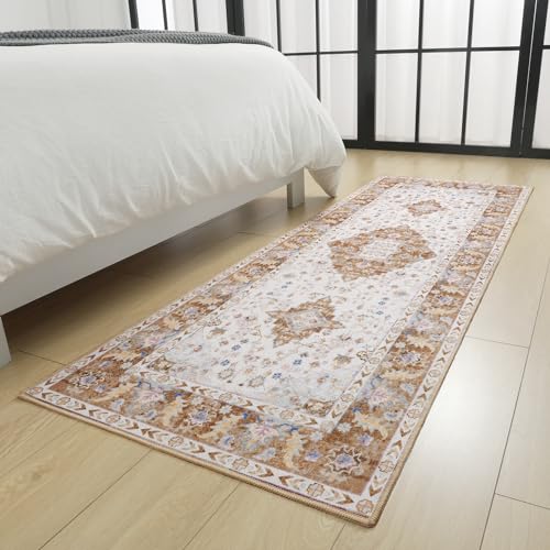 Amearea Vintage Design Runner Rugs for Living Room, 2x6 Machine Washable Floral Collection Traditional Bedroom Rug, Low Pile Cute Kids Room Print Carpet, No Slip Office Kitchen Home Decor, Gold Yellow - color: Gold, size: 2' X 6' (Runner)