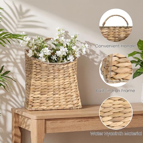 Woven Hanging Basket,Wicker Hanging Wall Baskets Decor,Natural Water Hyacinth Front Door Basket, Handmade Storage Basket for Garden Farmhouse Home Decorations