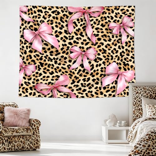 Cinbloo Cheetah Leopard Tapestry 59Wx51H Inch Pink Bow Funny Lovely Brown Wall Hanging for Womwn Girly Girls Fashion Cute Classroom Home Dorm Decor Art Living Room Bedroom - color: B-Pink Brown