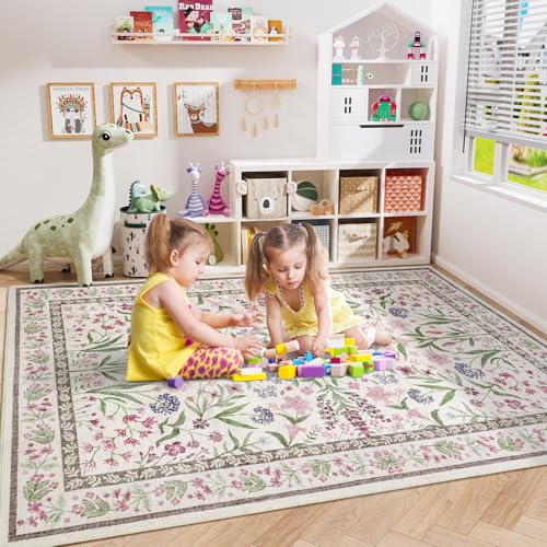 Amearea 6x9 Feet Floral Area Rugs for Living Room, Boho Pink Rugs for Bedroom Girls, Cute Kids Room Print Carpet Vintage Low Pile Machine Washable Area Rug, Office Nursery Dining Room Farmhouse Decor - color: Pink, size: 6x9 Feet
