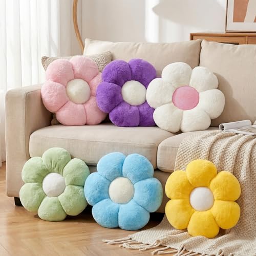 2 Pcs Flower Floor Pillow, Daisy Flower Shaped Pillows Set, Cute Green Decorative Throw Pillows Floor Cushions for Girls Bedroom Bed Couch Preppy Room Decor (White & Green, 15 INCH) - color: White & Green