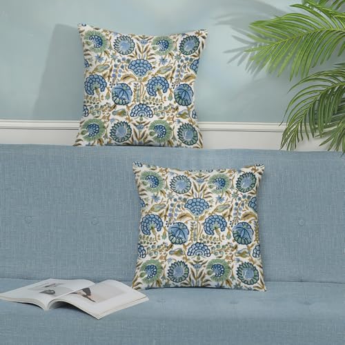 Boho Throw Pillow Covers 16x16 Inch 2 Pcs Navy Blue Sage Green Yellow Vintage Floral Decor Pillow Covers Flower Outdoor Seasonal Decorative Pillowcase Linen Cushion Cover for Couch Sofa - color: Blue Green Yellow Flower, size: 16" x 16" (Pack of 2)