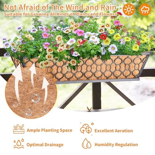 Riare 2 Pack 24 Inch Window Boxes Planters with Coco Liner, Metal Deck Railing Planter Boxes, Balcony Planters Railing Hanging, Horse Trough Window Flower Planter Boxes for Outdoor Porch Fence Patio - size: 24Inch