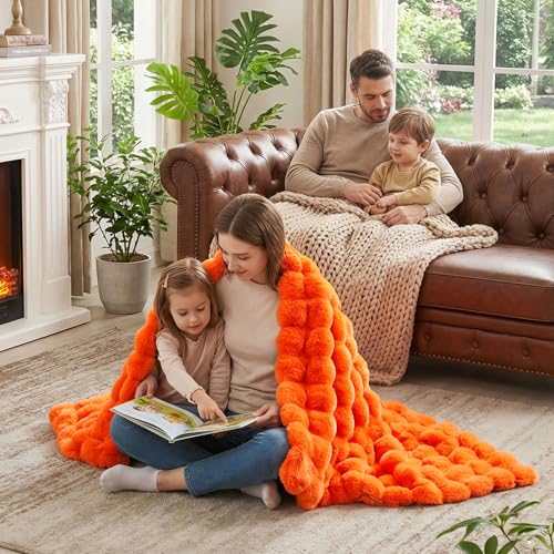 JONIYEAR Solid Fall Bubble Faux Rabbit Fur Throw Blanket for Couch 50" x 60", Decorative Comfy Puffy Warm Fuzzy Blanket for Winter, Extra Thick Shaggy Cozy Comfy Fluffy Blankets for Adult Kids, Orange - color: Orange - 900gsm, size: Travel/Throw Size - 50
