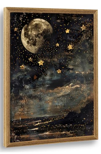 ICHZUMW Moon and Stars Celestial Canvas Wall Art, Mystical Moody Night Sky Poster Prints, Vintage Witchy Dark Academia Wall Decor, Framed Eclectic Gothic Home Decor for Desk Bedroom Bathroom, 12x16in - color: Moonlit Stars, size: 16"L x 12"W
