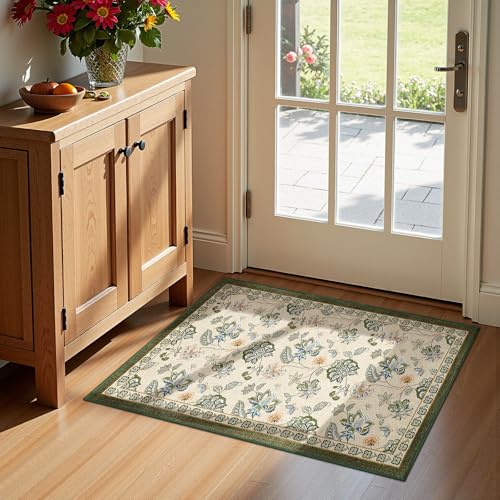 jinchan Elora 2x3 Floral Rug for Entryway Washable Kitchen Rug Vintage Romance Design Small Mat Non Slip Indoor Doormat Lightweight Low-Profile Throw Carpet for Entrance Laundry Room, Green/Beige - color: Bloom Green/Beige, size: 2' x 3' (Light Weight)