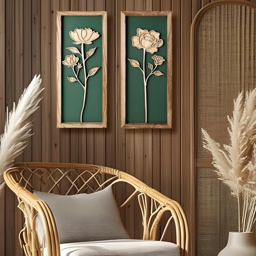 3D Floral Green Wall Art, Wood Boho Framed Wall Arts for Bathroom, Bedroom, Living Room, Dinning Room or Office, Lightweight Green Farmhouse Decor Gift - Set of 2