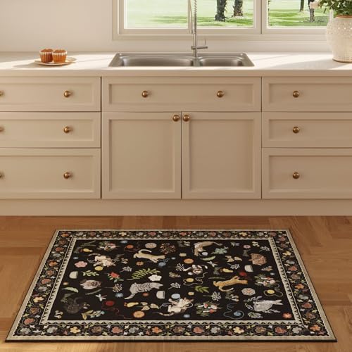 Rugcomf Door Mat Indoor Entrance 2x3 Rug Machine Washable Boho Floral Animal Cat Small Area Rug Non-Slip Low Pile Throw Rugs for Entryway Kitchen Front Door Indoor Entrance Entry Kids Room, Black - color: Black/Cat, size: 2' x 3' (Rectangular)