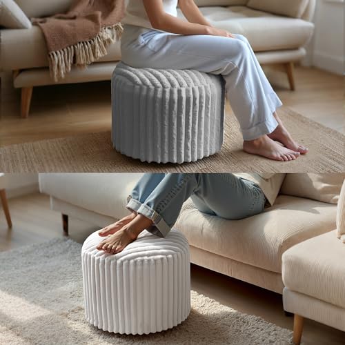 Round Stuffed Pouf Ottoman, Stripe Faux Fur Footrest, Solid Block Support+Soft Cushion Comfort, Removable Washable Cover, 20" Floor Pouf for Living Room Bedroom Dorm Vanity, Cream Beige - color: Cream White