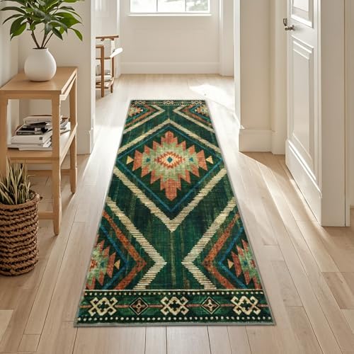 Runner Rugs for Hallway Boho 2x6Ft Non Slip, Green Moroccan Washable Farmhouse Kitchen Rug Runner Non Slip, Soft Geometric Bedroom Entryway Floor Carpet for Entrance Home Decor - color: Green, size: 2' x 6' (Rectangular)