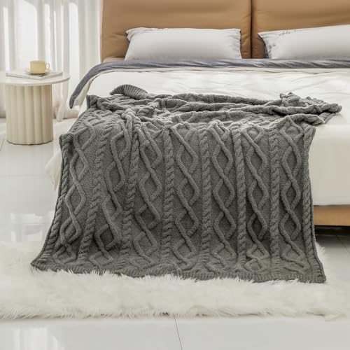 bearberry Plush Fleece Blanket Ultra Cozy & Warm Cable Knit - Machine Washable Throw for Living Room, Bedroom, Office | Lightweight Fuzzy Blanket for Adults, Kids, Pets (Grey, 50”x60”) - color: Cable Knit Grey, size: Throw(50″x60″)