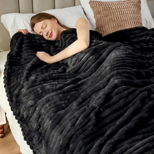 Black Striped Throw Blanket, 330GSM Soft Plush Fleece Blanket for Couch Sofa Travel, Decorative Cozy Giftable Home Blanket, 50x70 Inches - color: Black, size: Throw XL(50"x70")