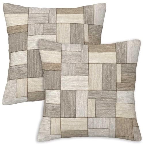 Patchwork Throw Pillow Covers 18x18 Set of 2 | Beige Taupe Decorative Cushion Covers | Neutral Farmhouse Pillow Cases for Couch Sofa Bed Living Room - color: Patch Blocks