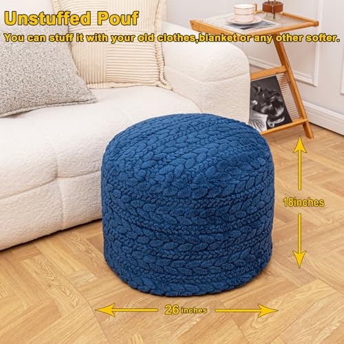 Poofieotto Unstuffed Ottoman Pouf Cover – Round Faux Fur Footstool Plush Floor Pouf (No Filler Included) Perfect for Living Room, Bedroom, or Office Lounge (Navy Blue, 26x26x18 in) - color: Navy Blue, size: 26"D x 26"W x 18"H