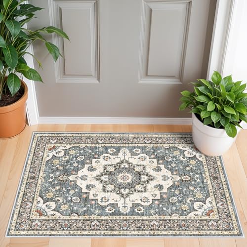 Washable Oriental Area Rug - 2x3 Rugs for Living Room Soft Carpet for Bedroom Waterproof Floral Distressed Indoor Stain Resistant Non-Shedding Floor Carpets (Blue, 2x3) - color: Blue, size: 2' x 3' (Rectangular)