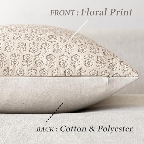 Foindtower Set of 2 Decorative Neutral Floral Print Throw Pillow Covers Vintage Accent Farmhouse Cushion Covers Boho Home Decor for Sofa Chair Couch Bedroom Living Room,18×18 Inch,Ivory Beige - color: Biscotti Beige, size: 18" x 18" (Pack of 2)