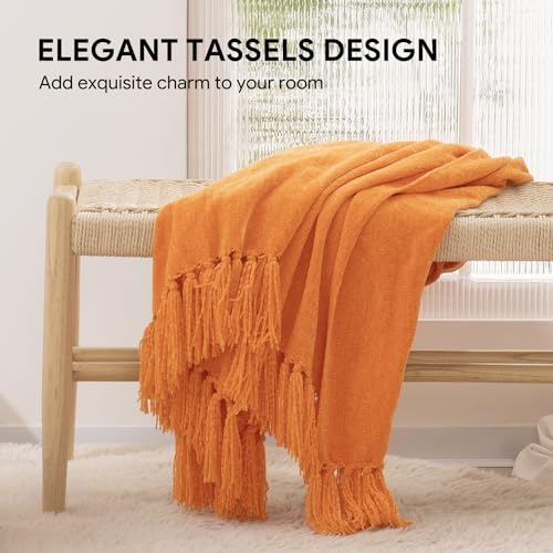 RECYCO Throw Blanket Soft Cozy Chenille Throw Blanket with Fringe Tassel for Couch Sofa Chair Bed Living Room (Orange, 50'' x 60'') - color: Orange, size: 50'' X 60''