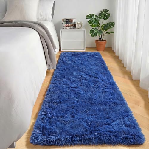ONASAR Navy Blue Runner Rugs for Bedroom Living Room, Fluffy 2x6 Bedside Hallway Area Rug, Ultra Soft Plush Furry Faux Fur Non Slip Floor Carpet for Nursery Kids Dorm Closet Home Decor - color: Navy Blue, size: 2' x 6' (Runner)
