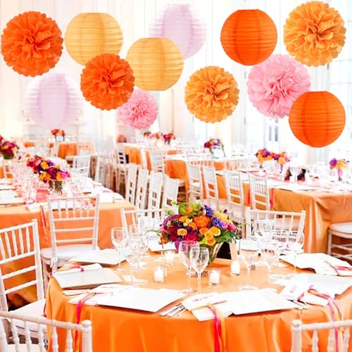 Pink-Orange Groovy Party-Decorations Paper-Flowers Lanterns - 15PCS Baby Shower Tissue Pom Poms Streamers, Fall Wedding Boho Birthday Bridal Bachelorette Sunset Hanging Supplies Decor Hugfond - color: Orange Pink