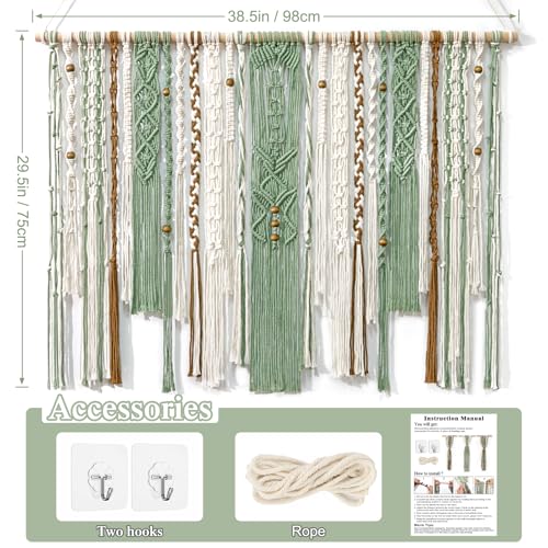 MEIVINES Macrame Wall Hanging Large Wall Art Handmade Woven Tapestry Boho Tapestry Macrame Wall Decor Art Home decoration for Living Room Bedroom Apartment Dorm Wedding Party 38" x 29" - color: Light Green